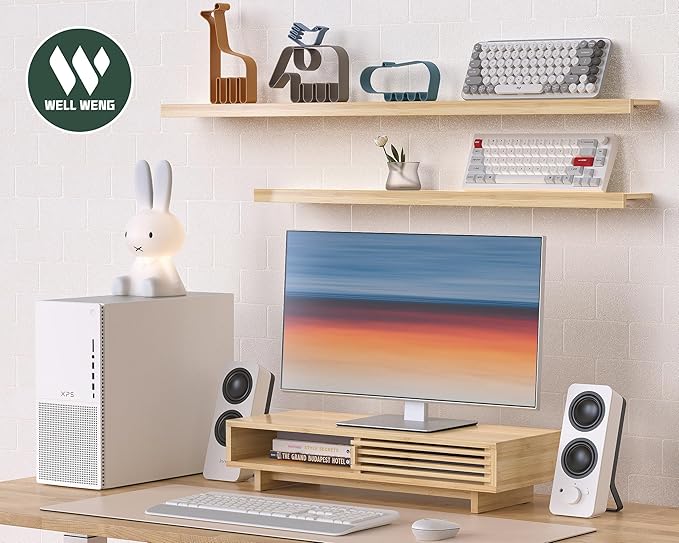 Monitor Stand Riser with Sliding Door, Computer Laptop Stand Desk Shelf Organizer with Storage (Natural Bamboo, 25 Inch)-DeskLoop Office