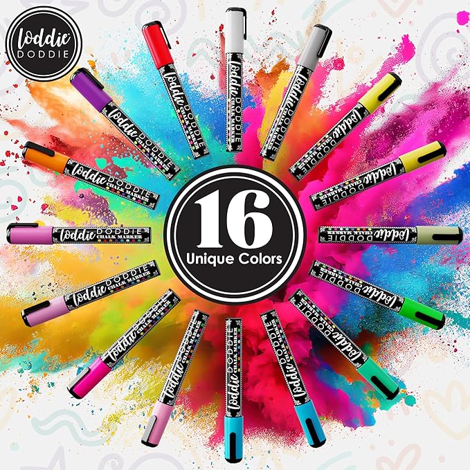 Loddie Doddie Chalk Markers - Pack of 16, 6mm Reversible Bullet & Chisel Tips - Non-Toxic Dust-Free Erasable Liquid Chalk Ink - Dry Erase Markers for Glass, Windows & Whiteboards-DeskLoop Office