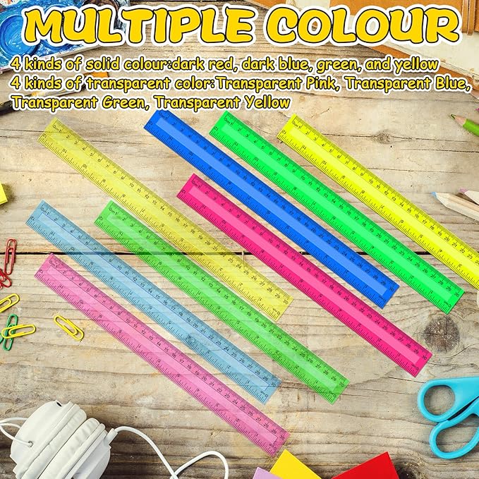 Teling 192 Pack Rulers Bulk for Classroom Transparent Colorful Metric Rulers with Inches and Centimeters 8 Colors for Kids Back to School Supplies(12 Inch)-DeskLoop Office
