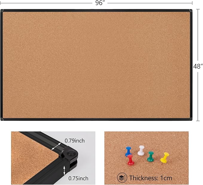 Board2by Extra Large Cork Bulletin Board 96" X 48", Black Aluminum Framed 8'x4' Corkboard for Wall, Wall Mounted Notice Pin Board with 18 Push Pins for School, Home & Office-DeskLoop Office