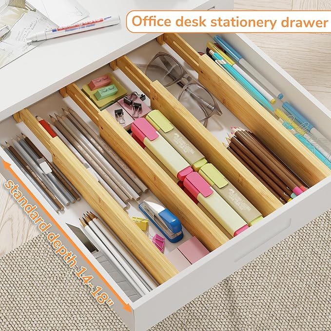 BAMEOS Drawer Divider,Expandable Bamboo Separators Adjustable Utensil Knife Fork Tool Kitchen Organizer, Clothes Fabric Drawer Organizer In Bathroom Bedroom Office, Cabinet Dresser Organizer 4-pack-DeskLoop Office