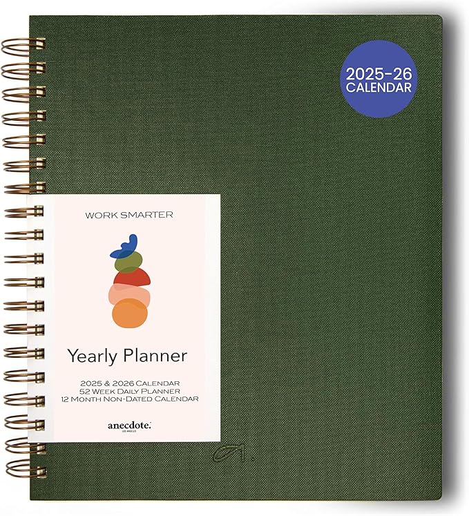 Anecdote 2025 Planner (8.5" x 10") Daily Planner Weekly Monthly Planner - 52 Weeks w/Library Buckram Cover, Brass Spiral - A4 Size Bleed-Resistant Paper – Evergreen-DeskLoop Office