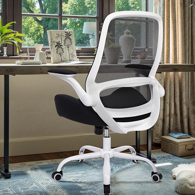 HYLONE Heavy Duty Office Chair, 5" Thickened Seat Ergonomic Desk Chair with Adjustable Armrests, Home Office Computer Chairs for Long Hours Mesh Executive Chair(White Base & Black)-DeskLoop Office