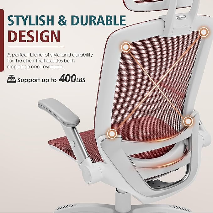 GABRYLLY Ergonomic Office Chair, High Back Home Desk Chair with Headrest, Flip-Up Arms, 90-120° Tilt Lock and Wide Cushion, 400LBS Mesh Chairs for Man Woman, White Task Chair(Red,GY01WR)-DeskLoop Office