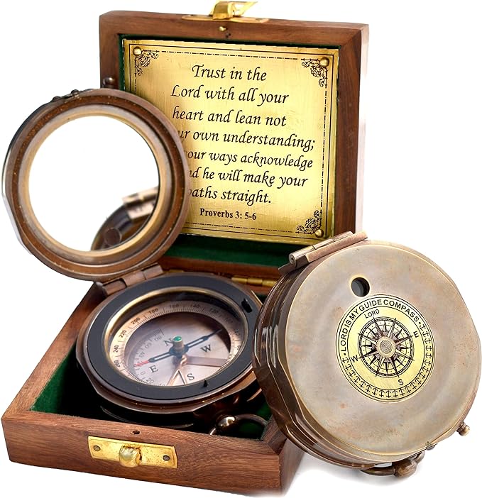 Trust in The Lord With All Your Heart - Proverbs 3:5-6 Quote Engraved Compass With Wooden Box, Greeting Card, Gift Compass, Graduation Day Gifts 2024 for Women Men Boys Girls-DeskLoop Office