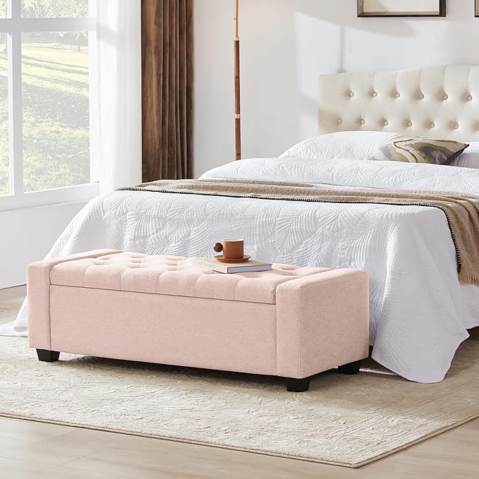 48" Ottoman with Storage, Pink Storage Ottoman Bench with Safety Hinge, Upholstered Entryway Bench with Seating for Bedroom, Living Room, Holds up to 330 lb-DeskLoop Office