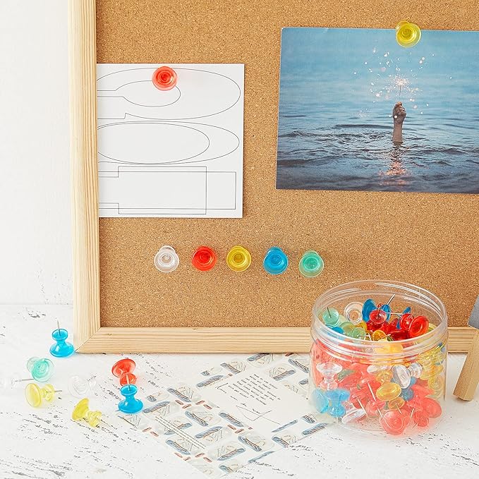 Outus 100 Pcs Giant Push Pins Large Thumb Tacks Plastic Heads 1 Inch Jumbo Push Pins for Cork Board Map Posters Office School(Red, Yellow, Blue, Green, Transparent)-DeskLoop Office