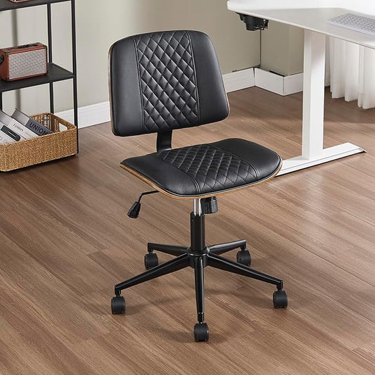 Small Home Office Chair - Armless Mid Back Desk Chair with 360° Swivel and Wheels, PU Upholstered Height Adjustable Modern Walnut Computer Chair for Home, Office Meeting Room - Black-DeskLoop Office