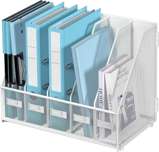 SUPEASY Desk Organizers Metal Desk Magazine File Holder with 5 Vertical Compartments Rack File Organizer for Office Desktop, Home Workspace, White Plus-DeskLoop Office