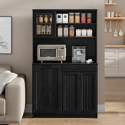 OLD CAPTAIN Tilt Out Trash Cabinet with Deodorising Function, Kitchen Hutch with Microwave Shelf and Drawer, Kitchen Pantry with Trash Cabinet for 10 Gallons, Black-DeskLoop Office