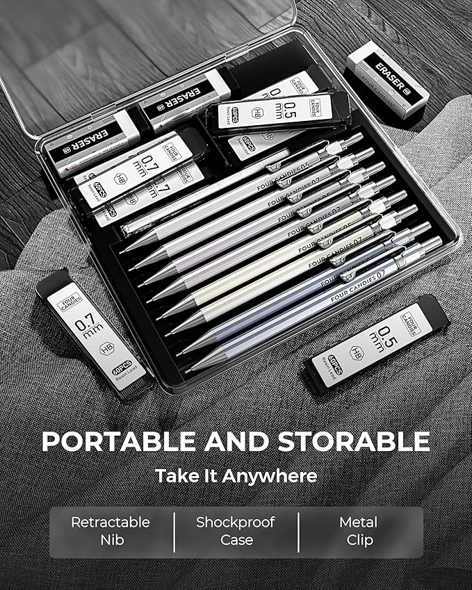 Four Candies 8PCS Metal Mechanical Pencils - 0.5 & 0.7mm with 8 Tubes HB #2 Lead Refills, Eraser Set and Eraser Refills, 20-Count Pack with Case, Lead Pencils Mechanical for Writing, Drawing, Drafting-DeskLoop Office