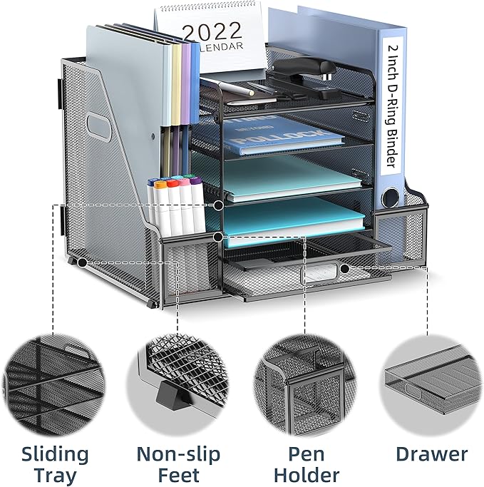 SUPEASY Mesh Desk Organizer with File Holder, 5-Tier Paper Letter Tray Organizer with Magazine Holder, Desktop Organizer and Storage with Drawer for Office Supplies Home or School, Black-DeskLoop Office