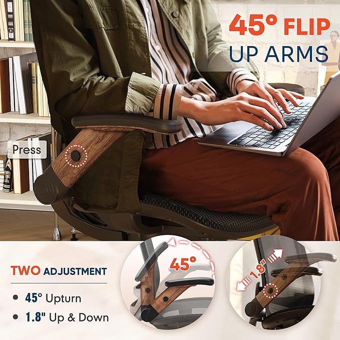 GABRYLLY Ergonomic Office Chair, High Back Home Desk Chair with Headrest, Flip-Up Arms, 90-120° Tilt Lock and Wide Cushion, Big and Tall Mesh Chairs for Man Woman, Black Task Chair(Dark Woodgrain)-DeskLoop Office