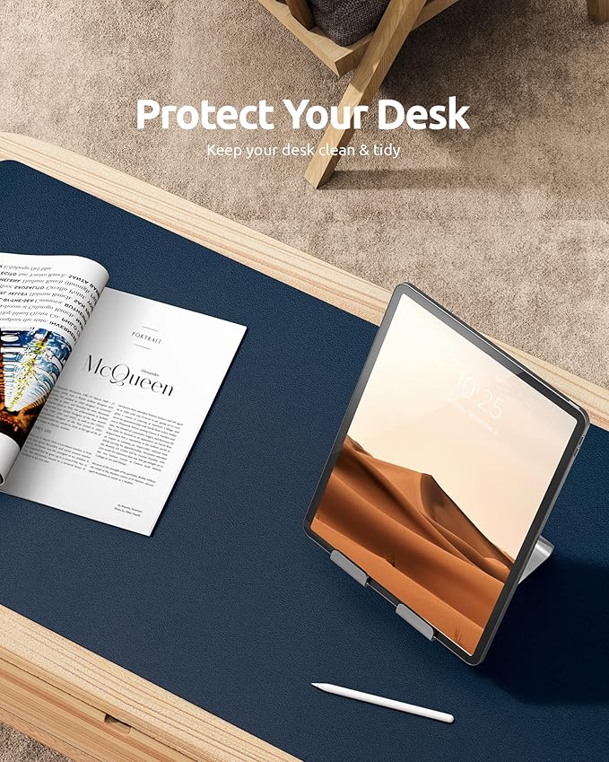 YSAGi Leather Desk Protector, Office Mat, Large Mouse Mat, Non-Slip PU Leather Blotter, Laptop Pad, Waterproof Writing Pad for Office and Home (Dark Blue, 35.4" x 17")-DeskLoop Office