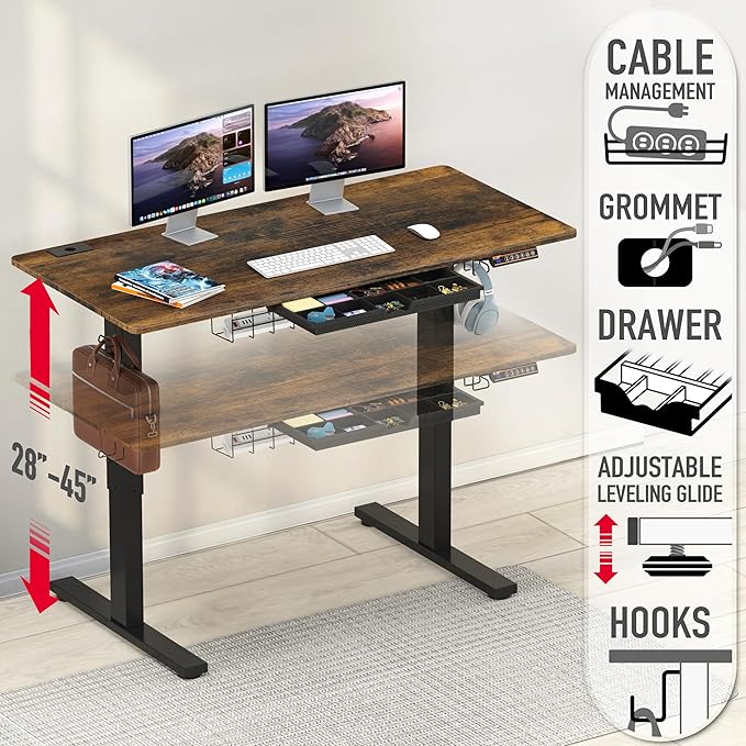 SHW 48-Inch Electric Height Adjustable Standing Desk with Drawer, Memory Preset and Cable Management Tray, Rustic Brown-DeskLoop Office