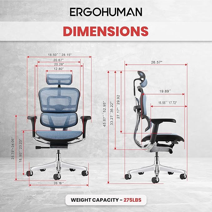 Ergohuman Eurotech ME7ERG GEN2 High Back Mesh Office Chair with Tilt Tension Control, Tilt Lock, Back Angle, Back Height, Synchro Tilt, Seat Height, Seat Depth, and Arm Height Adjustments, Blue-DeskLoop Office