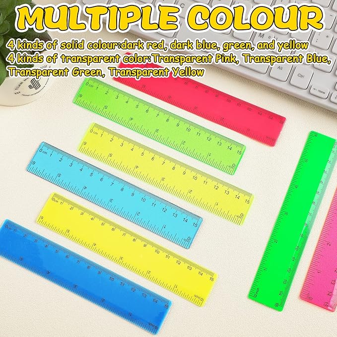 Teling 192 Pack Rulers Bulk for Classroom Transparent Colorful Metric Rulers with Inches and Centimeters 8 Colors for Kids Back to School Supplies(6 Inch)-DeskLoop Office