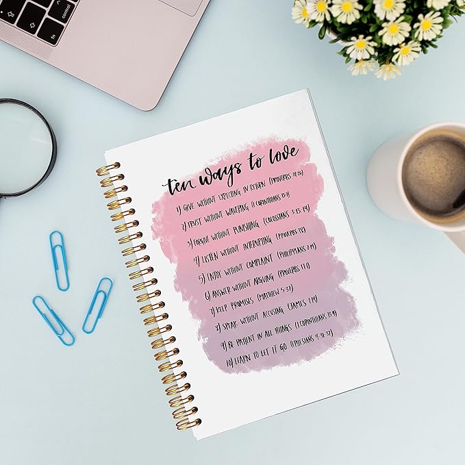 VNWEK Ten Ways to Love Inspirational Bible Verse Scripture Pink Spiral Notebook Journal 5.5 x 8.3 inches,Christian Lined Hardcover Spiral Notebook,Christian Gifts for Women Teen Girls-DeskLoop Office