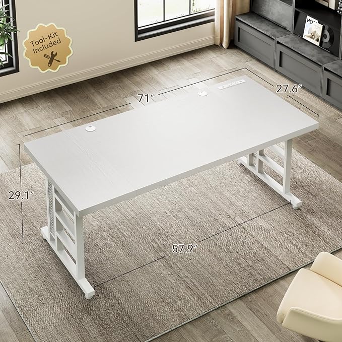 Coleshome 71 Inch Executive Desk with USB Ports, Large Computer Desk with Extra Thick, Long Mordern Office Workstation, Business Furniture for Home Office, White-DeskLoop Office