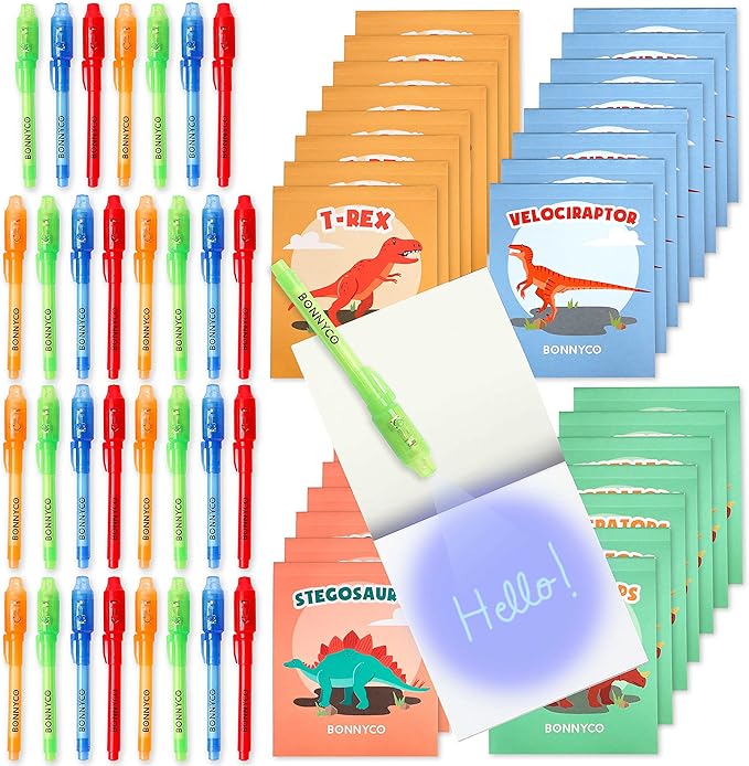 BONNYCO Invisible Ink Pen and Notebook Pack 32 Dinosaur Party Favors for Kids, Magic Spy Pen Goodie Bags Stuffers for Kids, Dinosaur Birthday Party Supplies, Goody Bag Stuffers Return Gifts Prizes-DeskLoop Office