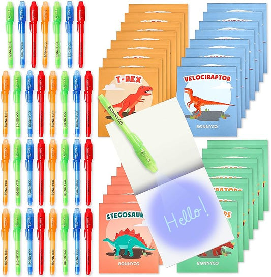 BONNYCO Invisible Ink Pen and Notebook Pack 32 Dinosaur Party Favors for Kids, Magic Spy Pen Goodie Bags Stuffers for Kids, Dinosaur Birthday Party Supplies, Goody Bag Stuffers Return Gifts Prizes-DeskLoop Office