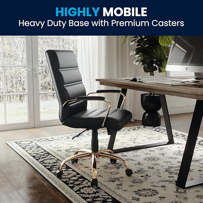 Flash Furniture Whitney Mid-Back Swivel LeatherSoft Desk Chair with Wheels, Padded Seat and Armrests, Adjustable Height Padded Office Chair, Black-DeskLoop Office