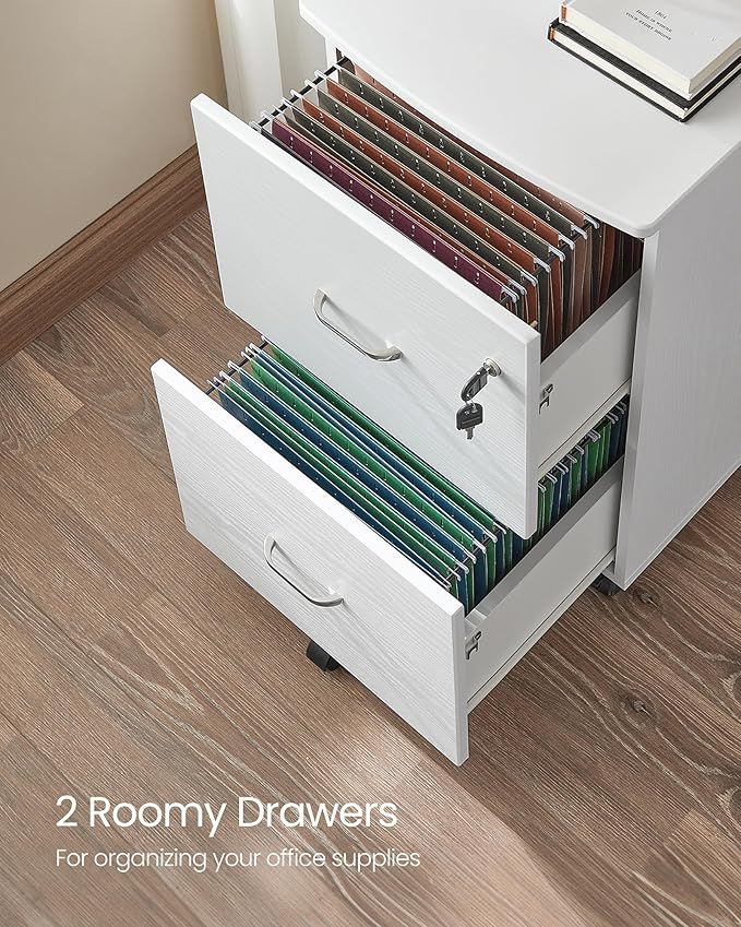 VASAGLE 2-Drawer File Cabinet, Locking Filing Cabinet for Home Office, Small Rolling Printer Stand, A4, Letter-Size Hanging Files, Assembly Required, White ULCD027T46V2-DeskLoop Office