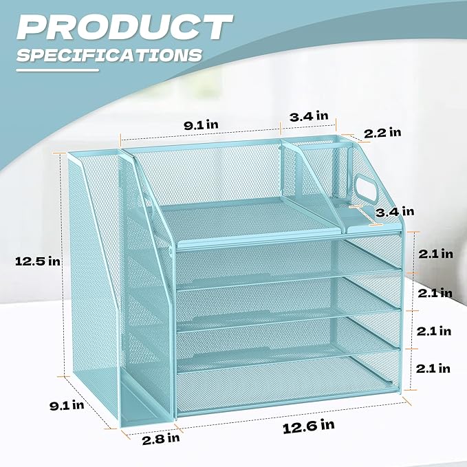 DocNest 5 Tier Paper Letter Tray File Organizer, Mesh Desk File with Handle, Workspace Desk Organizers with Pen Holder, Office Organization Storage Accessories - Blue-DeskLoop Office