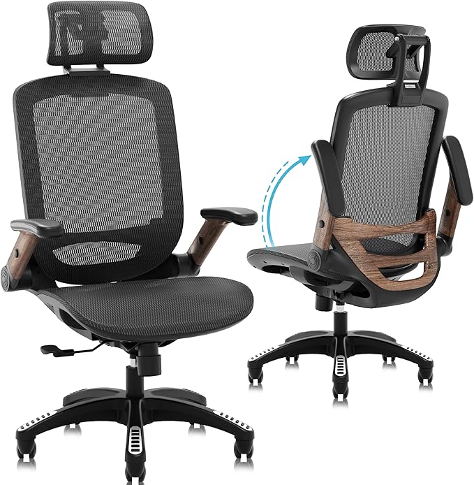 GABRYLLY Ergonomic Office Chair, High Back Home Desk Chair with Headrest, Flip-Up Arms, 90-120° Tilt Lock and Wide Cushion, Big and Tall Mesh Chairs for Man Woman, Black Task Chair(Dark Woodgrain)-DeskLoop Office
