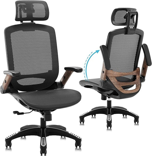GABRYLLY Ergonomic Office Chair, High Back Home Desk Chair with Headrest, Flip-Up Arms, 90-120° Tilt Lock and Wide Cushion, Big and Tall Mesh Chairs for Man Woman, Black Task Chair(Dark Woodgrain)-DeskLoop Office