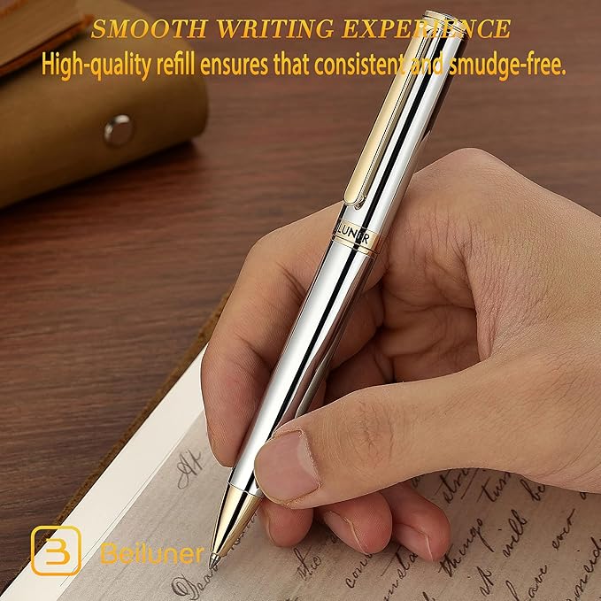 BEILUNER Silver Gold Gel Pen - Luxury Featuring sophisticated chrome finishes, with 24K Gold Accents, Best Pen Gift Set for Men & Women, Business Signature, Executive, Office Retractable Pens-DeskLoop Office