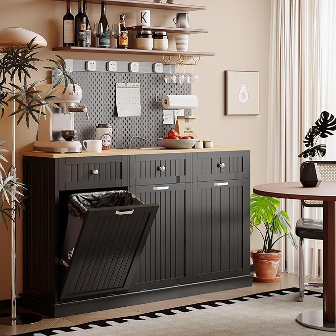 30 Gallon Tilt Out Trash Cabinet, Wooden Kitchen Trash Can Cabinet with Hideaway Drawer, Freestanding Laundry Hamper Garbage Recycling Cabinet on Wheels, Pet Proof, Triple, Black-DeskLoop Office