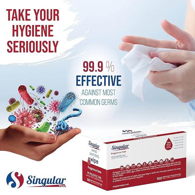 Hand Sanitizing Wipes Travel Size by Singular Wipes –100ct Individually Wrapped | Fragrance-Free, Moisturizing, 70% Isopropyl Alcohol Wipes | Travel, Home, Office, Daily Use | Made in USA-DeskLoop Office