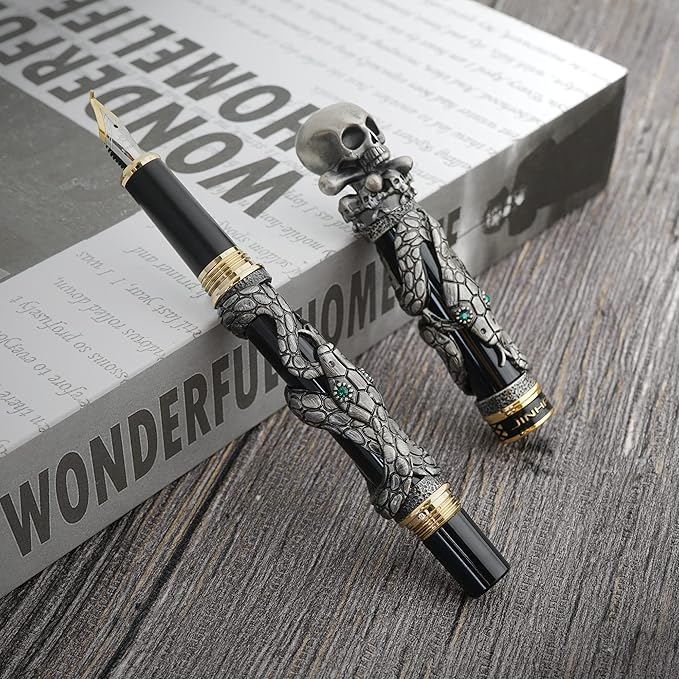 Jinhao Black Snake Fountain Pen Bent Nib Fude Pen with Skull Head Solid Metal-DeskLoop Office
