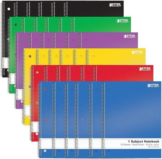 Better Office Products Spiral Notebooks 1-Subject, 24 Pack, Wide Rule, 70 Sheet, 8 x 10.5 inches, 6 Assorted Primary Colors, 24 Pack-DeskLoop Office