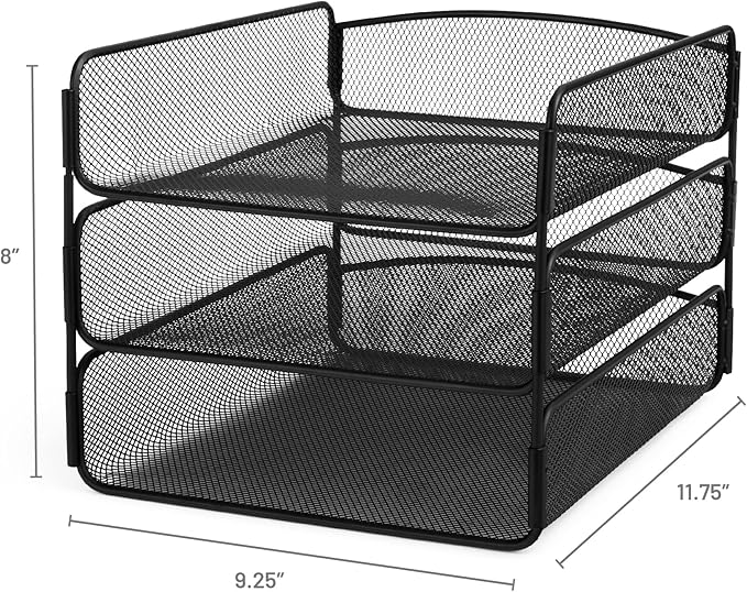 Safco Onyx Desk Organizer, 3 Trays, Office and Classroom Mailbox, Paper and Mail Sorter, Steel Mesh, Black-DeskLoop Office