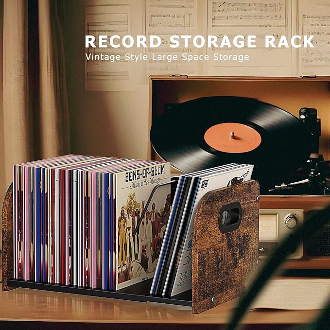 Vinyl Record Storage Holder, Expandable Record Holder Rack With Movable Divider, 110 LP Album Display Shelf Stand, Magazine Holder (Rustic Brown)-DeskLoop Office