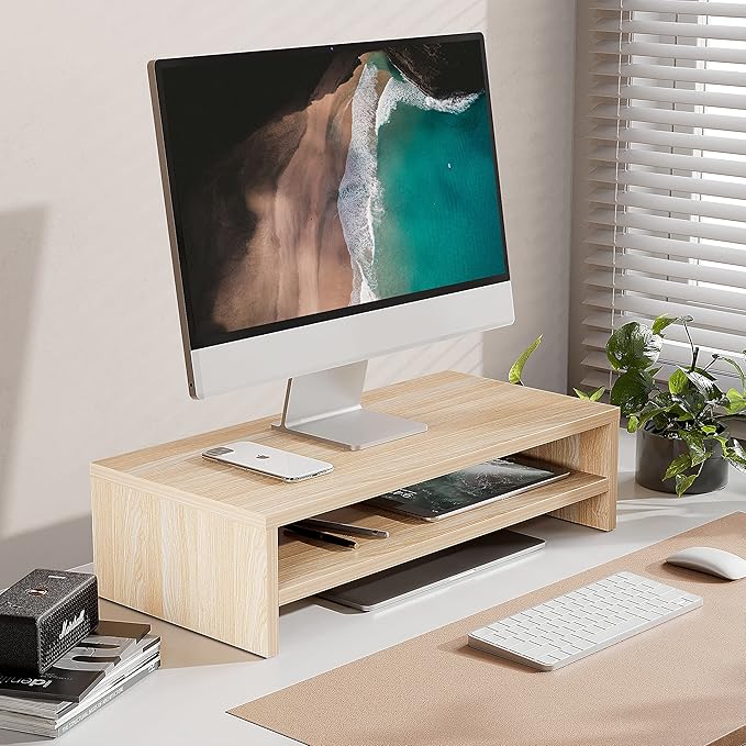 FITUEYES Monitor Stand - 2 Tier Computer Monitor Riser with 21.3 Inch Shelf, Wood Desktop Stand for Laptop Computer Screen, Desk Organization, Office Supplies-DeskLoop Office