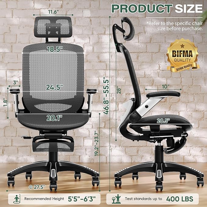 GABRYLLY Ergonomic Office Chair with Footrest, High Back Home Desk Chair - 3D Headrest, Flip-Up Arms, 135° Tilt and Wide Cushion, Heavy Duty Mesh Chairs for Task Computer Gaming,GYB01-FT-DeskLoop Office