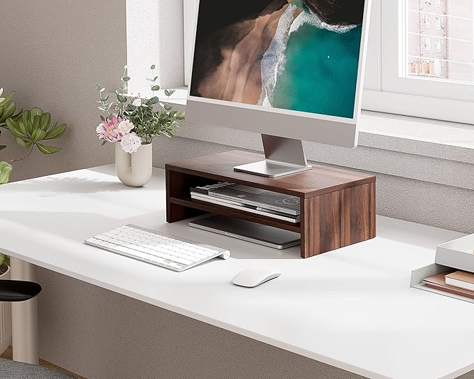 FITUEYES Monitor Stand - 2 Tier Computer Monitor Riser Shelf, Wood Desktop Stand for Laptop Computer Screen, Desk Organization, Office Supplies-DeskLoop Office