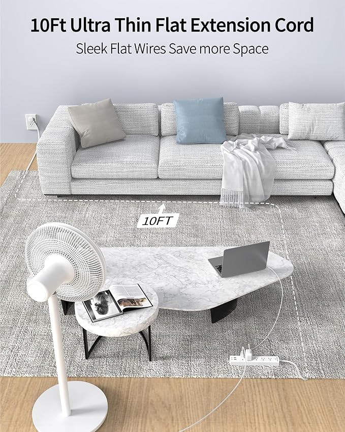 10 Ft Ultra Thin Extension Cord, 5-Outlet Power Strip Surge Protector with 4 USB Ports (2 USB C), 1875W/15A, Low Profile Flat Plug, 1700 Joules, Wall Mount for Home Office, White-DeskLoop Office