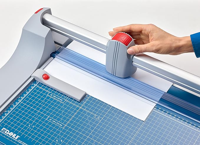 Dahle Large Format Premium Rolling Trimmer, 72" Cut Length, 12 Sheets Capacity, Cut Mat Board, Self-sharpening Blade Cuts in Both Directions, Ground Steel Blade, Automatic Clamp Holds (472)-DeskLoop Office