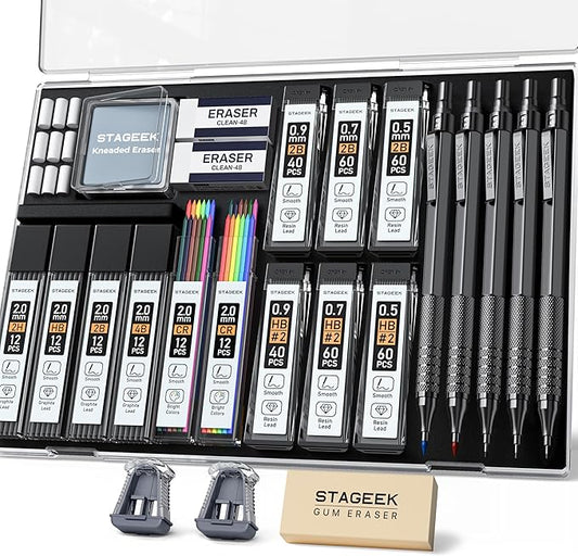 25PCS Art Mechanical Pencil Set, 3PCS Metal lead pencil 0.5, 0.7, 0.9, 2PCS 2mm Drawing Pencil (HB 2H 2B 4B Color) with 392PCS Graphite Leads, Eraser with Case for Drafting Drawing Writing-DeskLoop Office