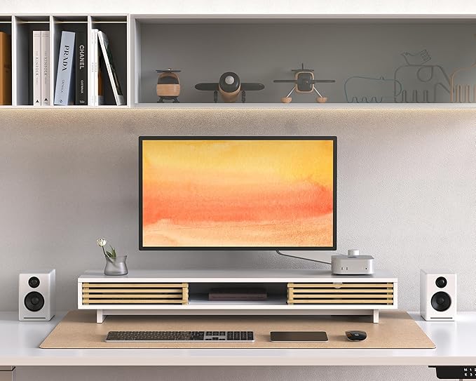 Dual Monitor Stand Riser with Sliding Door, Double Computer Laptop Stand Desk Shelf Organizer with Storage (White + Natural Bamboo, 38 Inch)-DeskLoop Office