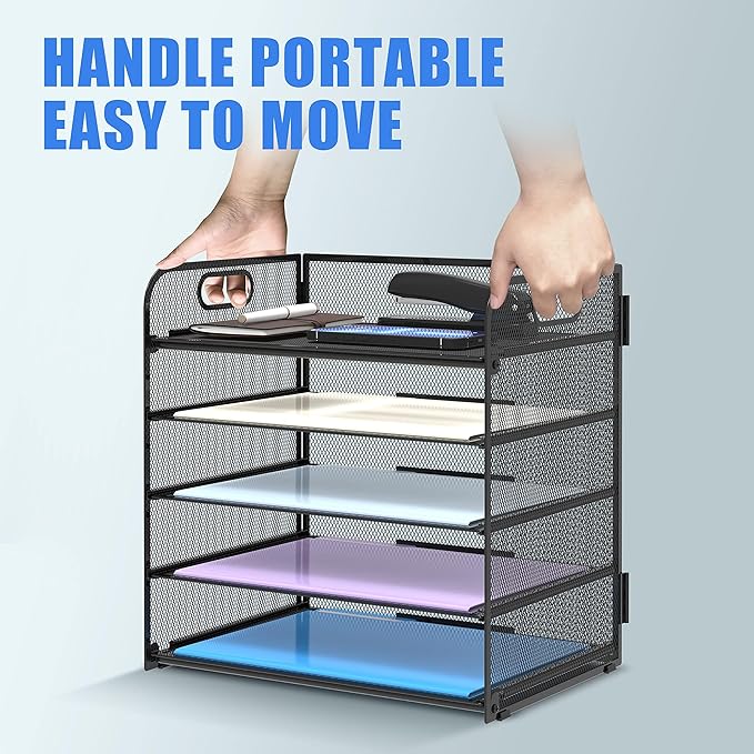 2 Pack 5-Tier Desk Organizer with Handle Mesh Desk File/Paper Organizer Letter Tray for Office, School and Home Easy Installation,Black