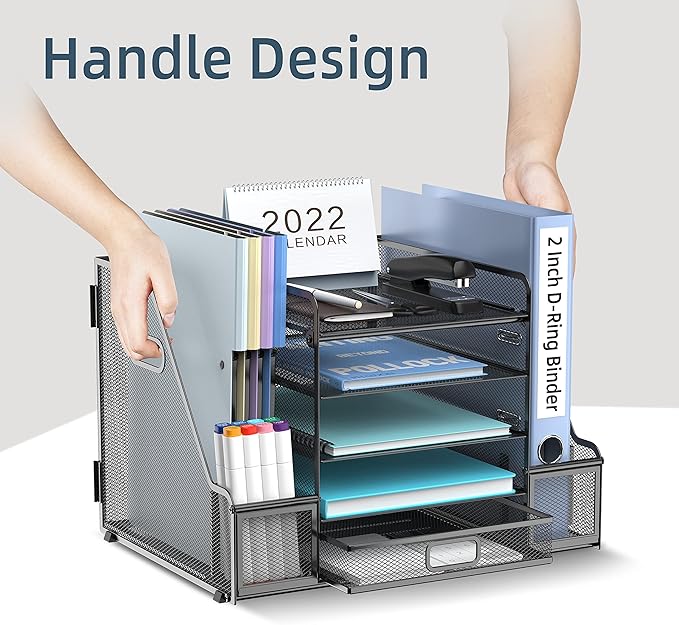 SUPEASY Mesh Desk Organizer with File Holder, 5-Tier Paper Letter Tray Organizer with Magazine Holder, Desktop Organizer and Storage with Drawer for Office Supplies Home or School, Black-DeskLoop Office