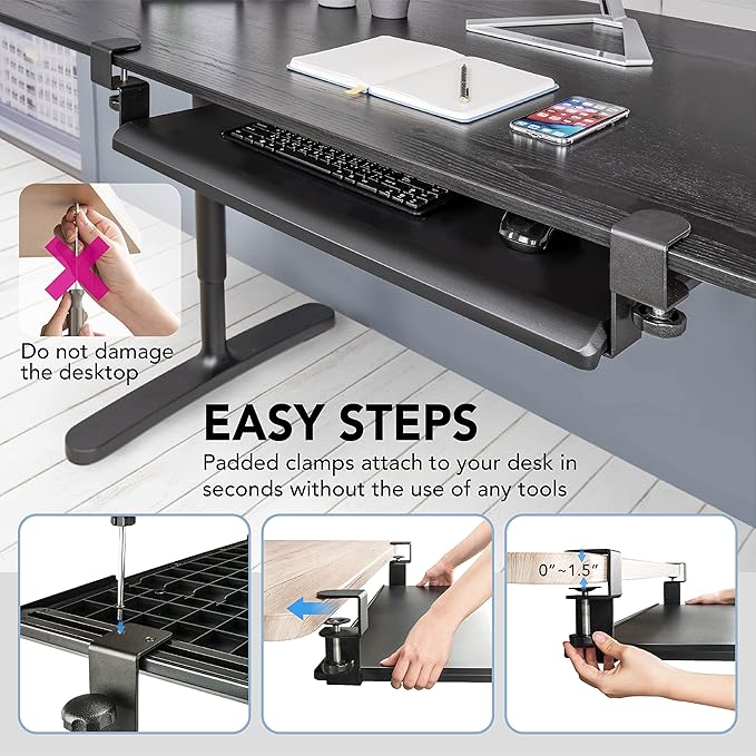 EHO Clamp-On Retractable Adjustable Keyboard Tray, Under Desk Ergonomic Keyboard Tray - Easy Tool-Free Install - Large Surface 27.5" (31.8" Including Clamps) x 12.5" Home & Office-DeskLoop Office