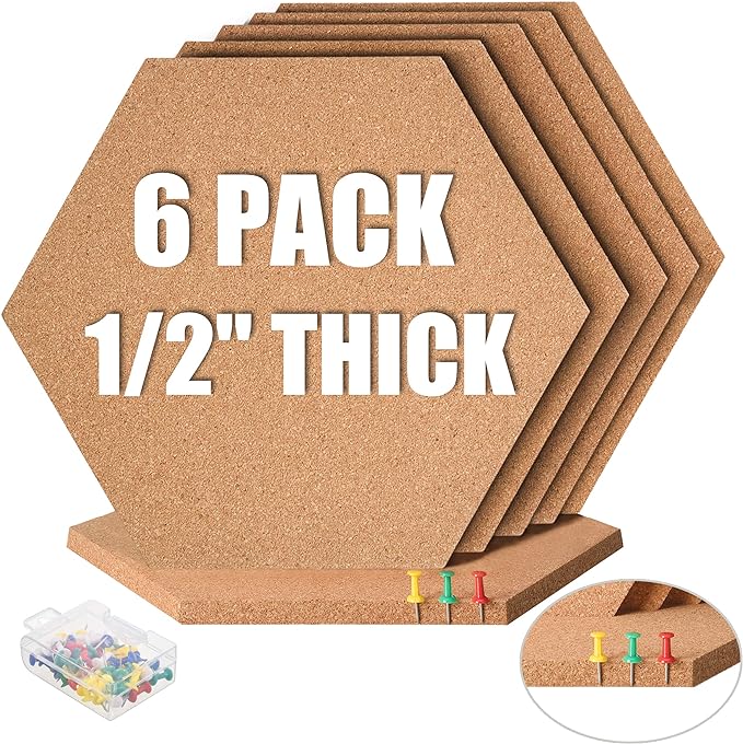 SUNGIFT Hexagon Cork Board Tiles Self Adhesive 6 Pack - 1/2" Thick Corkboards for Wall 12" x 10.2" Memo Boards Pin Board Decorative Bulletin Board for Office Home Kitchen - 50 Multi-Color Push Pins-DeskLoop Office