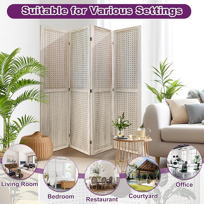 Room Divider, 5.6FT Folding Room Divider Panel, 4 Panel Pegboard Display Wood Partition Wall Divider for Room Separation& Craft Shows, Natural Wood-DeskLoop Office