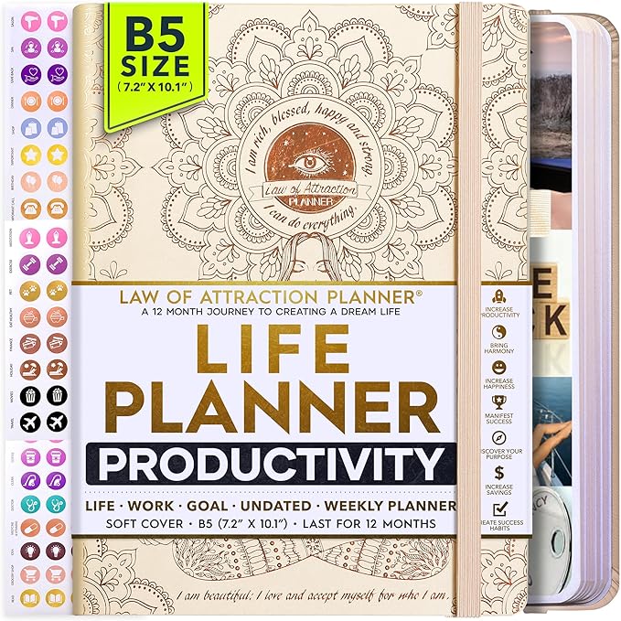 Law of Attraction Planner – Undated Hourly, Weekly & Monthly Goal Setting Planner, 12-Month to Increase Productivity | Life & Gratitude Journal, Include Foldable Vision Board, Gift Box & Stickers-DeskLoop Office